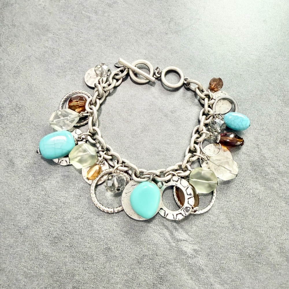 Vintage Premier Designs 1990’s Silver Tone faux Turquoise Charm Toggle Bracelet
